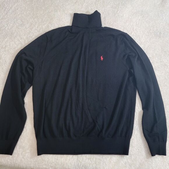 Polo Ralph Lauren Fine Merino Wool Black‎ Turtleneck Sweater Red Pony XXL READ - Picture 1 of 15
